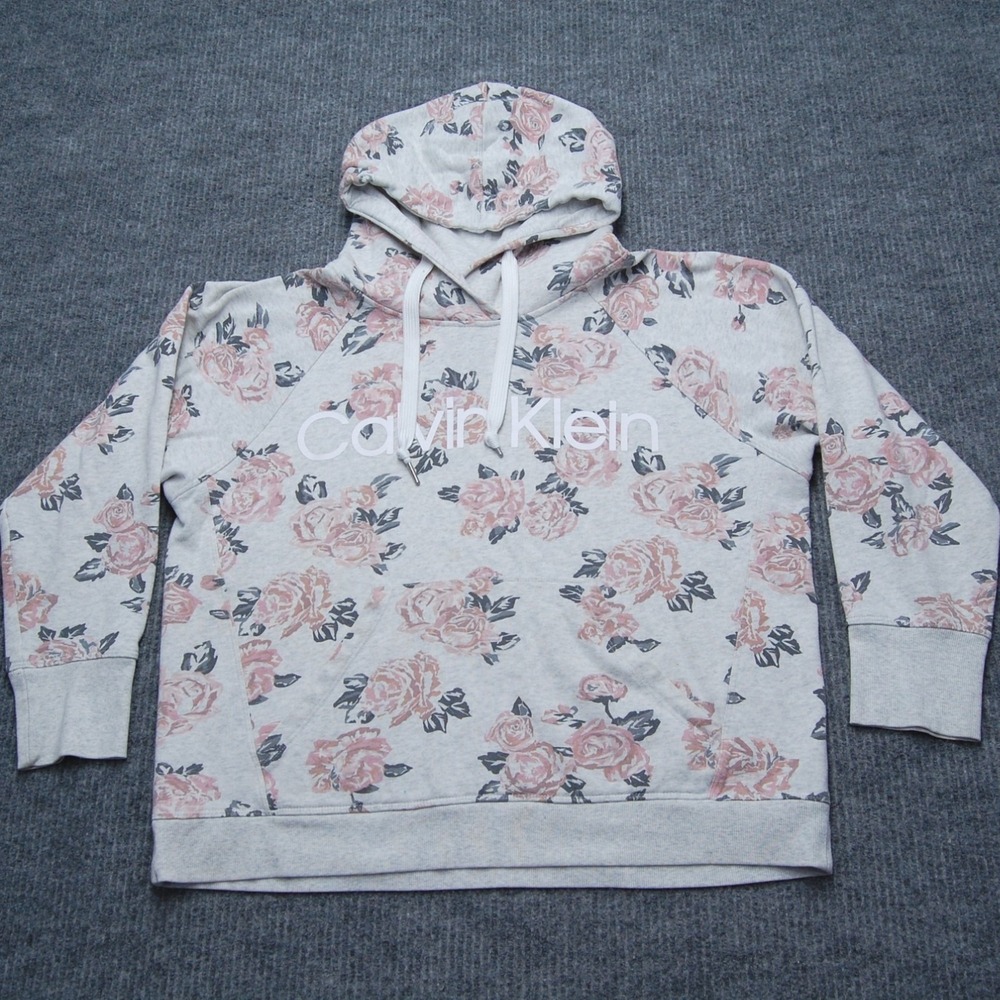 Calvin Klein Hoodie Sweatshirt Womens L Gray Floral Fleece Pullover Logo Raglan